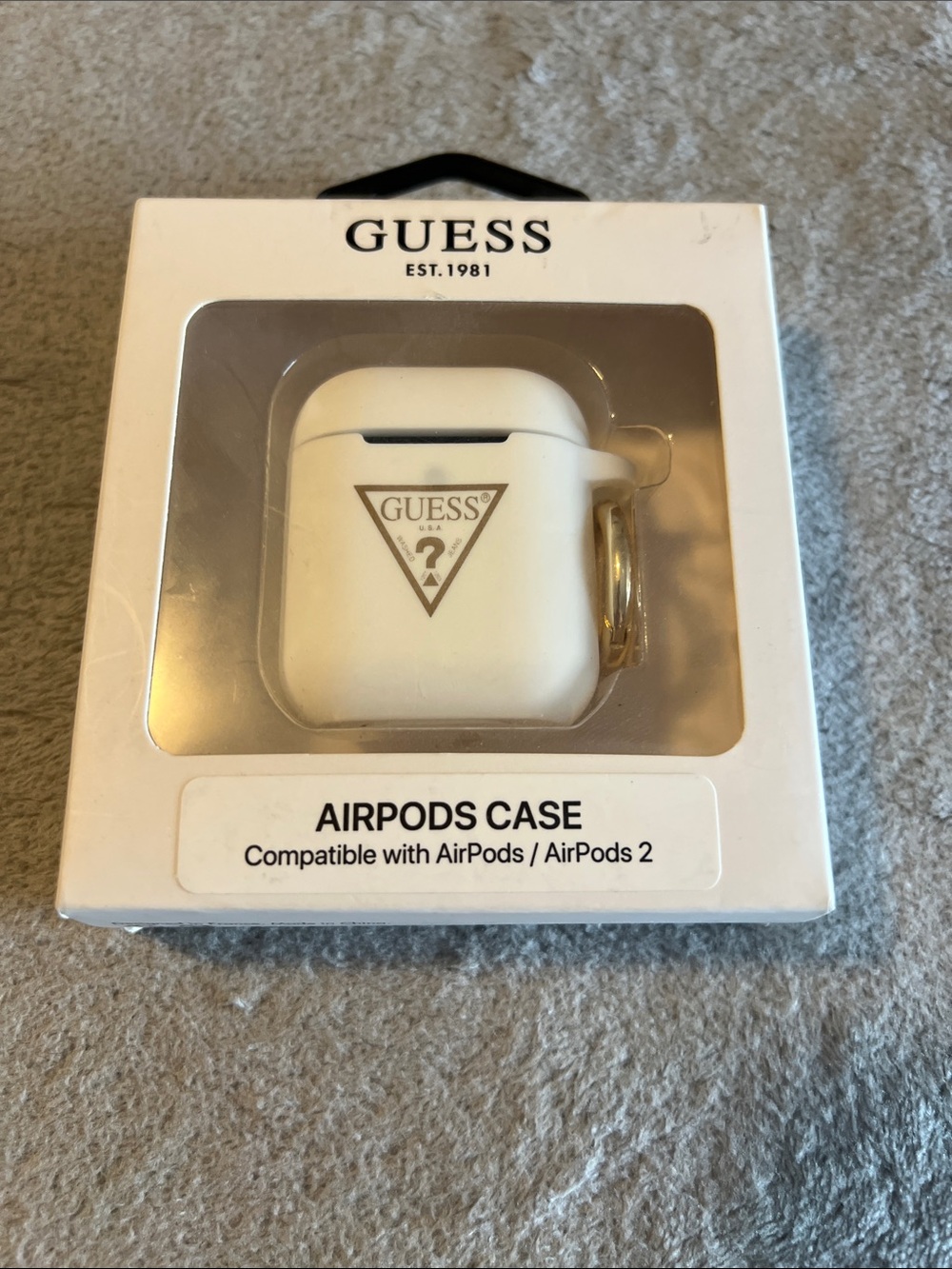 GUESS White AirPods Case with Gold Carabiner and Logo